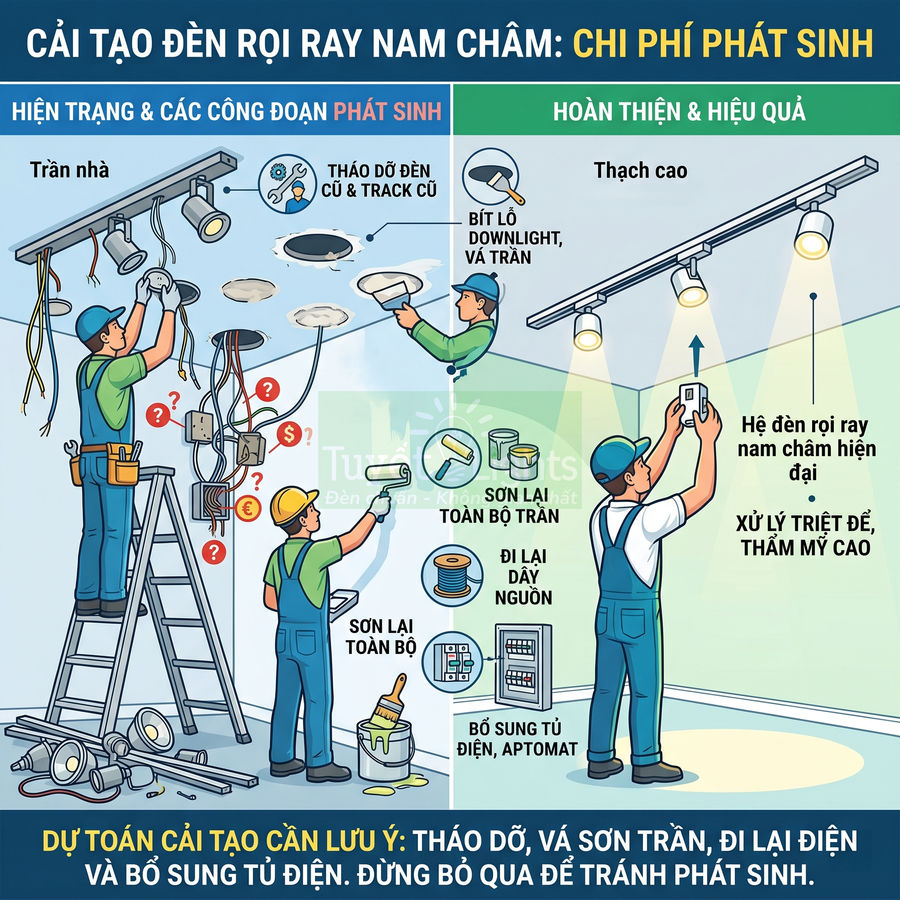 Thi công lắp đặt hệ đèn rọi ray nam châm hiện đại, đi lại dây điện và sơn sửa trần nhà