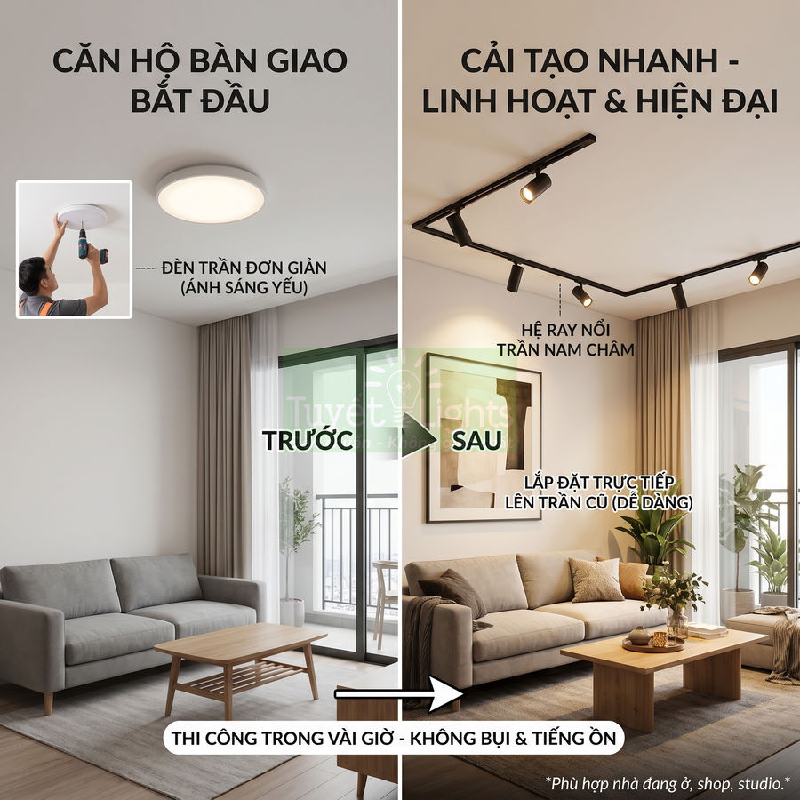 So sánh phòng khách trước và sau khi lắp hệ ray nổi trần nam châm thay đèn trần đơn giản