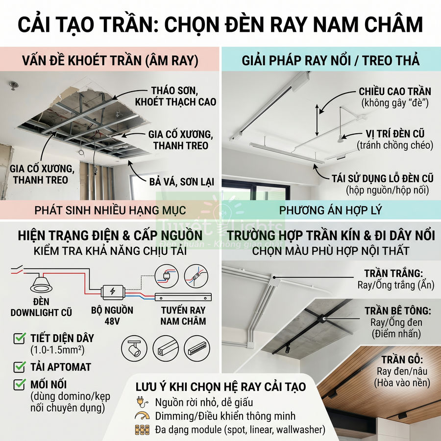 Hướng dẫn cải tạo trần nhà với hệ thống đèn ray nam châm nổi và treo thả tiết kiệm điện