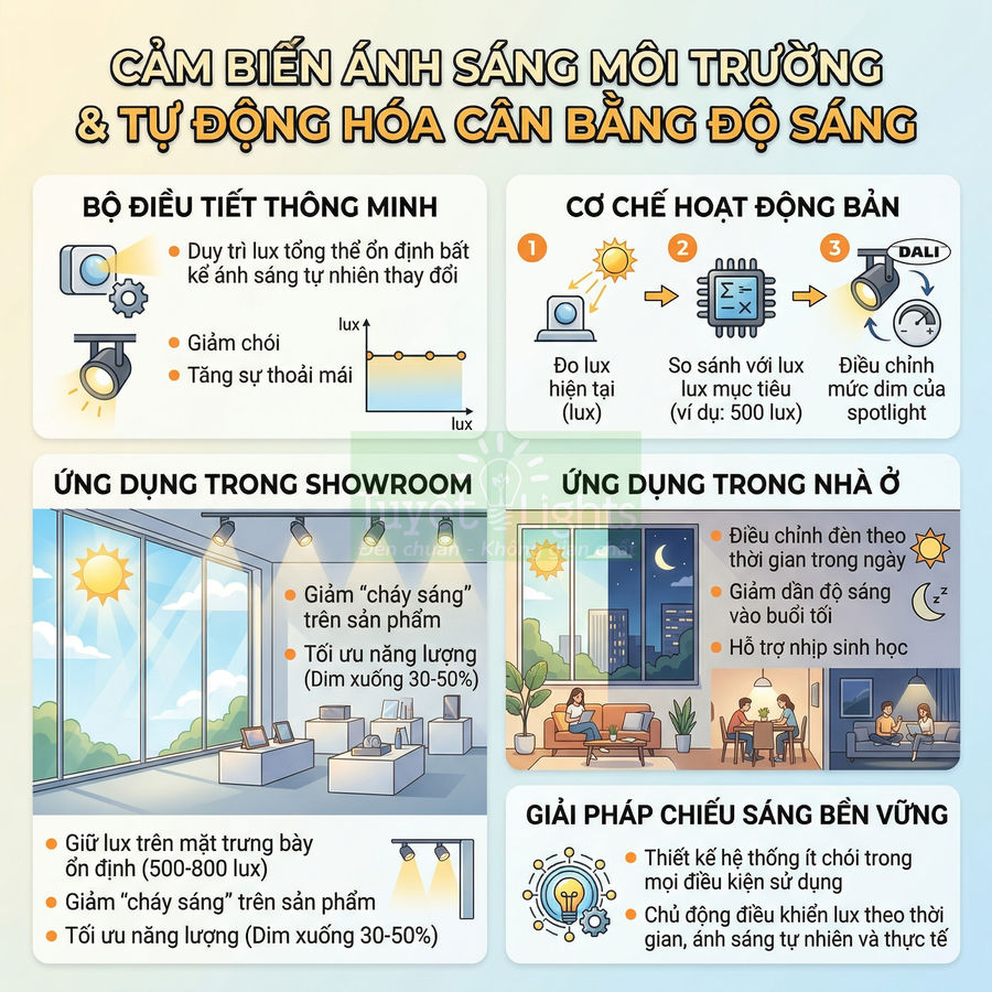 Infographic cảm biến ánh sáng môi trường và tự động cân bằng độ sáng cho showroom và nhà ở