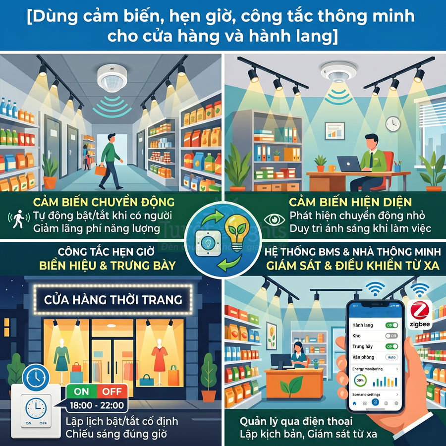 Giải pháp cảm biến chuyển động, cảm biến hiện diện và công tắc hẹn giờ điều khiển đèn thông minh cho cửa hàng