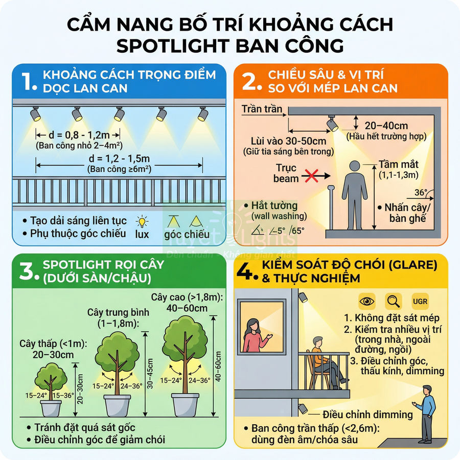 Cẩm nang bố trí khoảng cách đèn spotlight ban công với minh họa vị trí, chiều cao và góc chiếu sáng