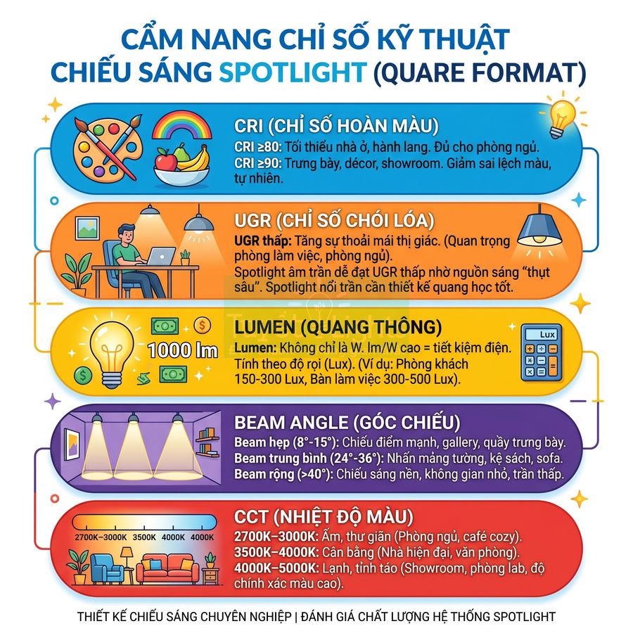 Cẩm nang các chỉ số kỹ thuật chiếu sáng spotlight gồm CRI, UGR, lumen, góc chiếu và nhiệt độ màu