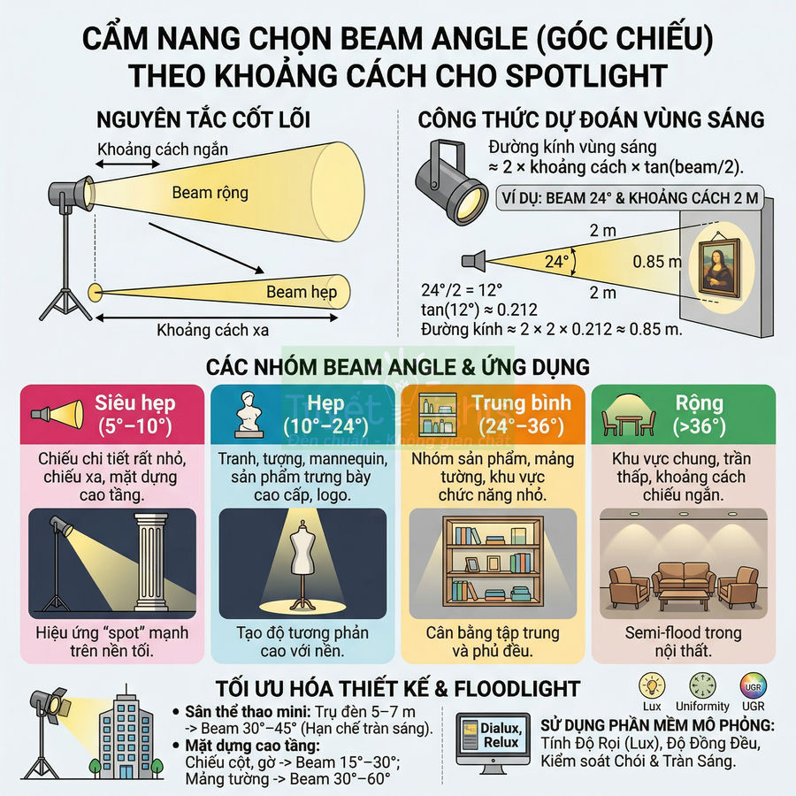 Cẩm nang chọn góc chiếu beam angle cho đèn spotlight theo khoảng cách và ứng dụng chiếu sáng nội thất