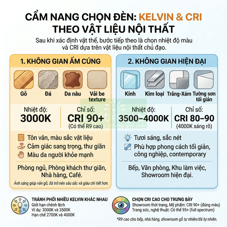 Cẩm nang chọn đèn theo Kelvin và CRI cho nội thất gỗ, đá, kính, kim loại và không gian hiện đại ấm cúng
