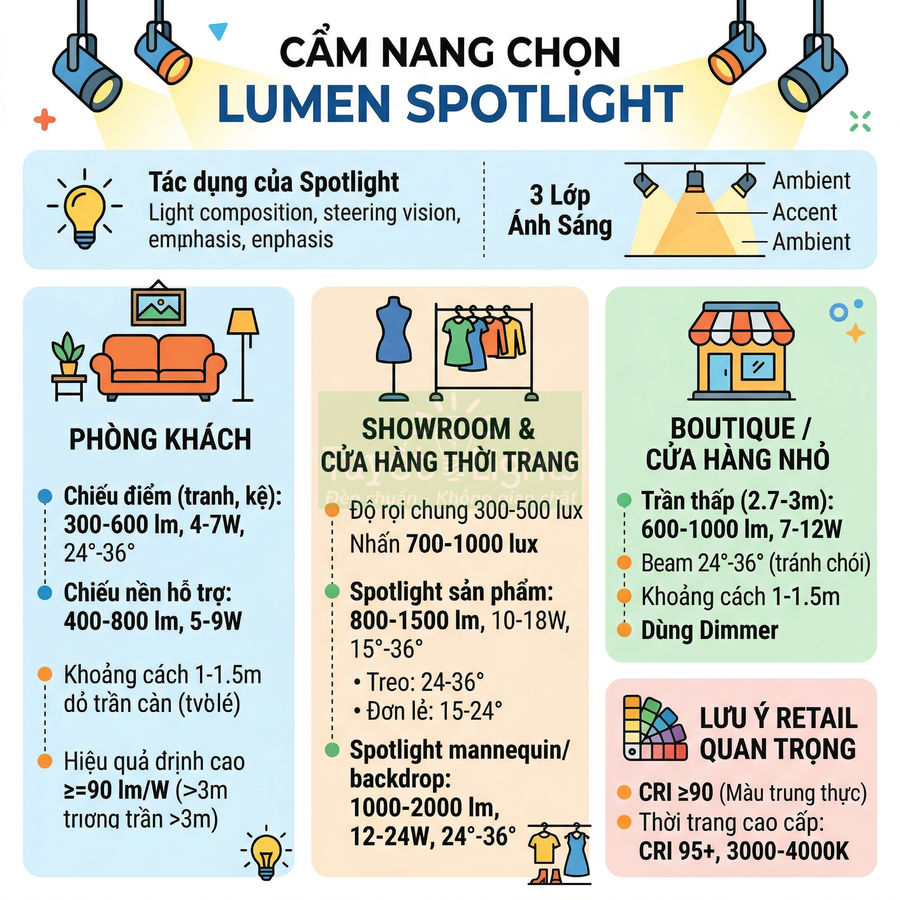 Cẩm nang chọn đèn Lumen Spotlight cho phòng khách, showroom thời trang và cửa hàng nhỏ