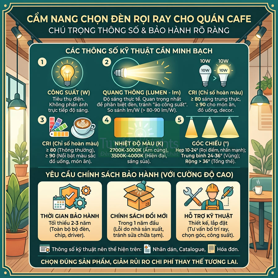 Cẩm nang chọn đèn rọi ray cho quán cafe với thông số kỹ thuật và chính sách bảo hành chi tiết