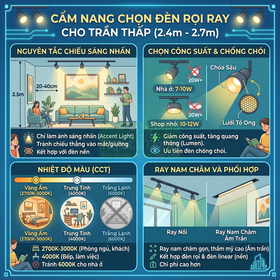 Infographic hướng dẫn chọn đèn rọi ray cho trần thấp, nêu công suất, nhiệt độ màu và cách lắp đặt ray nam châm