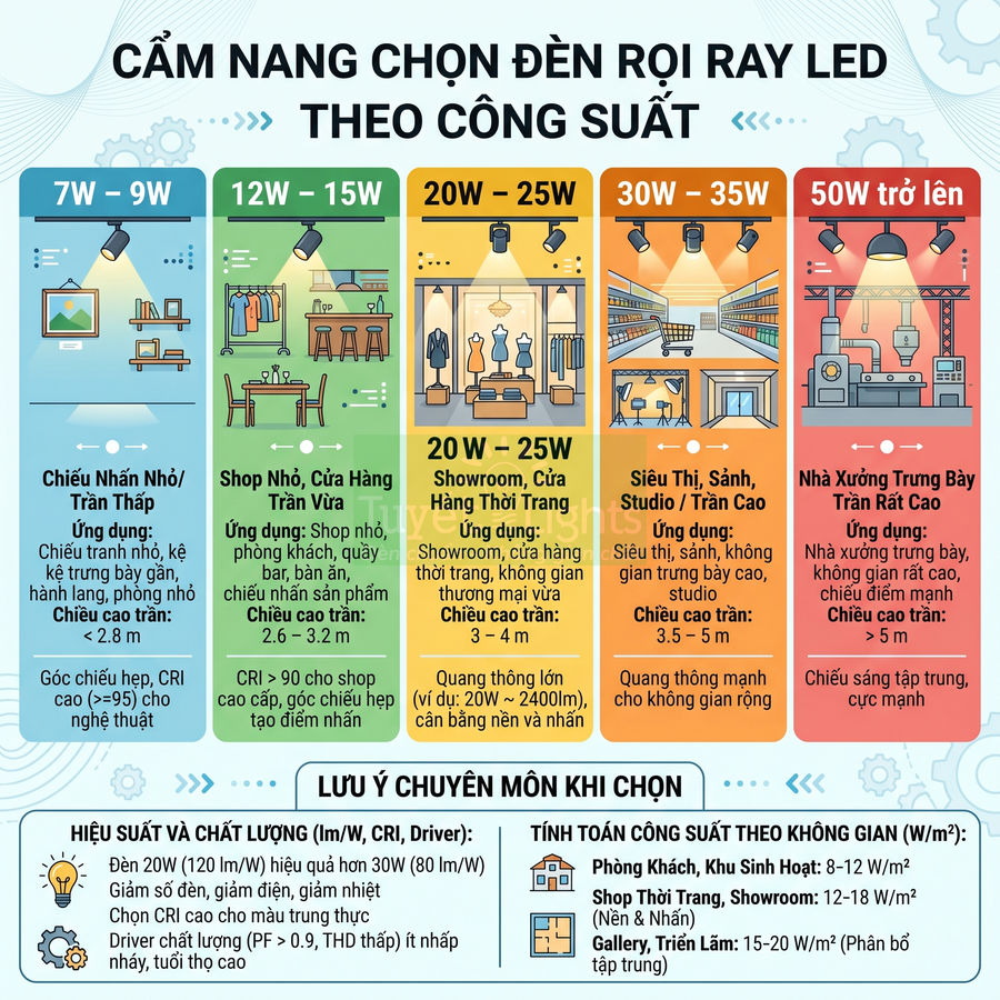 Cẩm nang chọn đèn rọi ray LED theo công suất cho shop, showroom, siêu thị và nhà xưởng