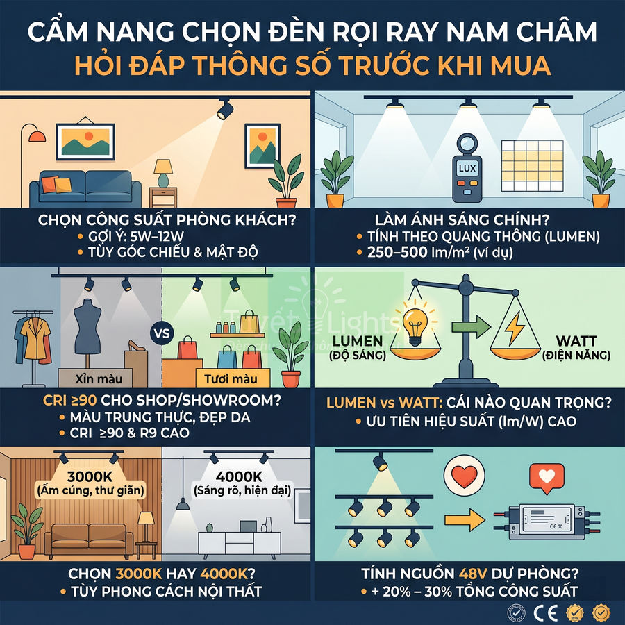 Cẩm nang chọn đèn rọi ray nam châm, hướng dẫn công suất, lumen, CRI và nhiệt độ màu cho phòng khách, shop, showroom