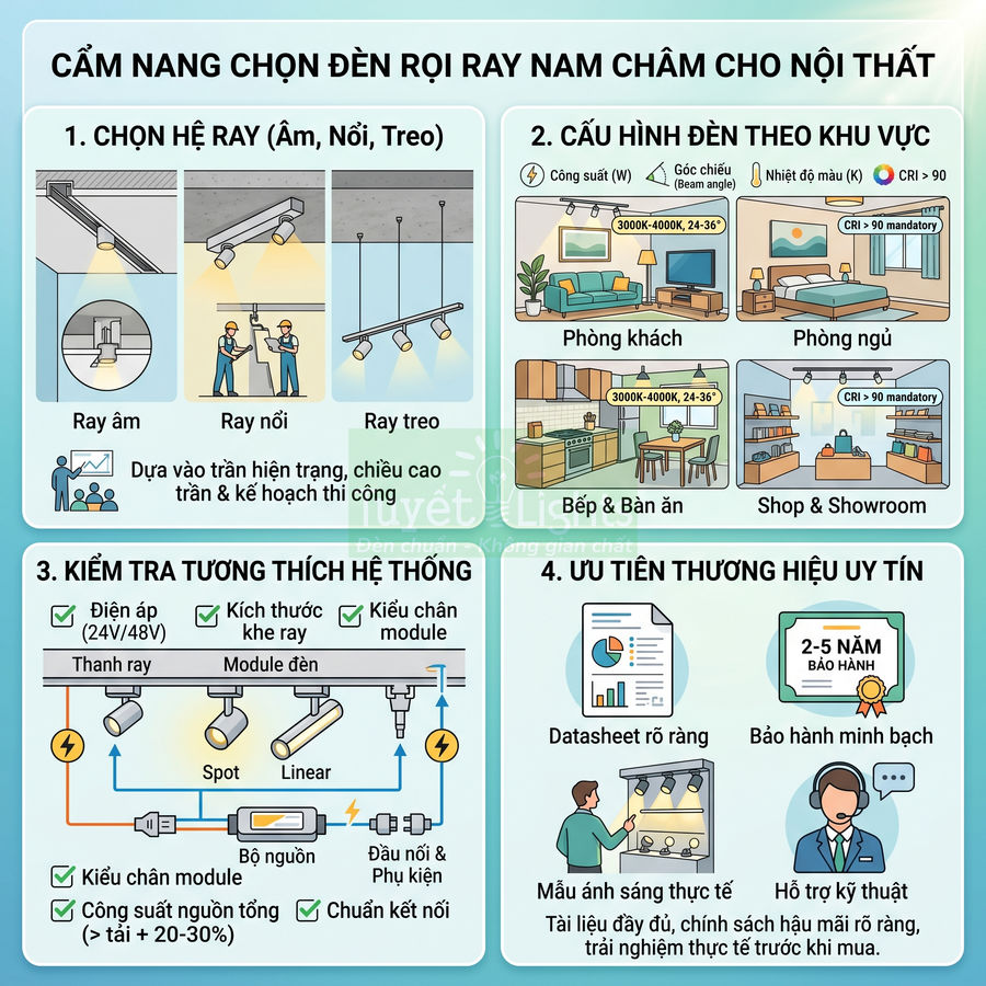 Cẩm nang chọn đèn rọi ray nam châm cho nội thất với các loại ray, cấu hình đèn và lưu ý thương hiệu uy tín