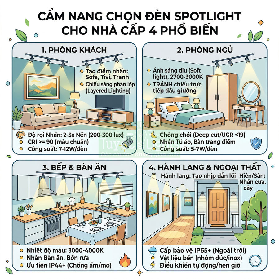 Cẩm nang chọn đèn spotlight cho nhà cấp 4 với minh họa phòng khách, phòng ngủ, bếp và hành lang ngoài trời