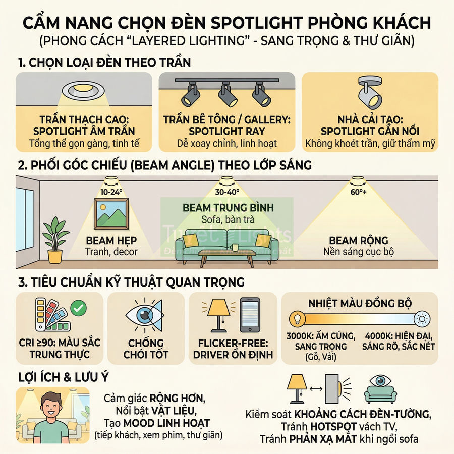 Cẩm nang chọn đèn spotlight phòng khách với các loại đèn trần, góc chiếu và tiêu chuẩn kỹ thuật quan trọng