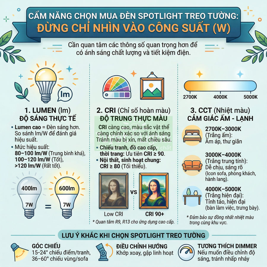 Infographic hướng dẫn chọn mua đèn spotlight treo tường theo lumen, CRI, nhiệt màu và các lưu ý chiếu sáng