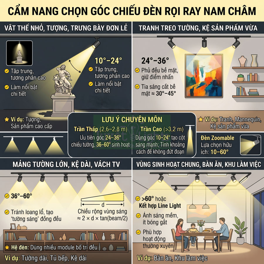 Cẩm nang chọn góc chiếu đèn rọi ray nam châm cho tượng, tranh treo tường, kệ trưng bày và khu sinh hoạt