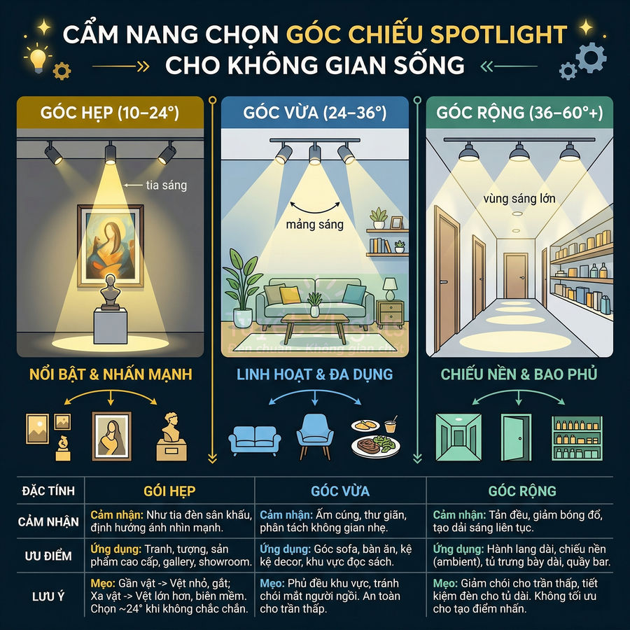 Cẩm nang chọn góc chiếu đèn spotlight hẹp vừa rộng cho phòng khách hành lang và kệ trưng bày
