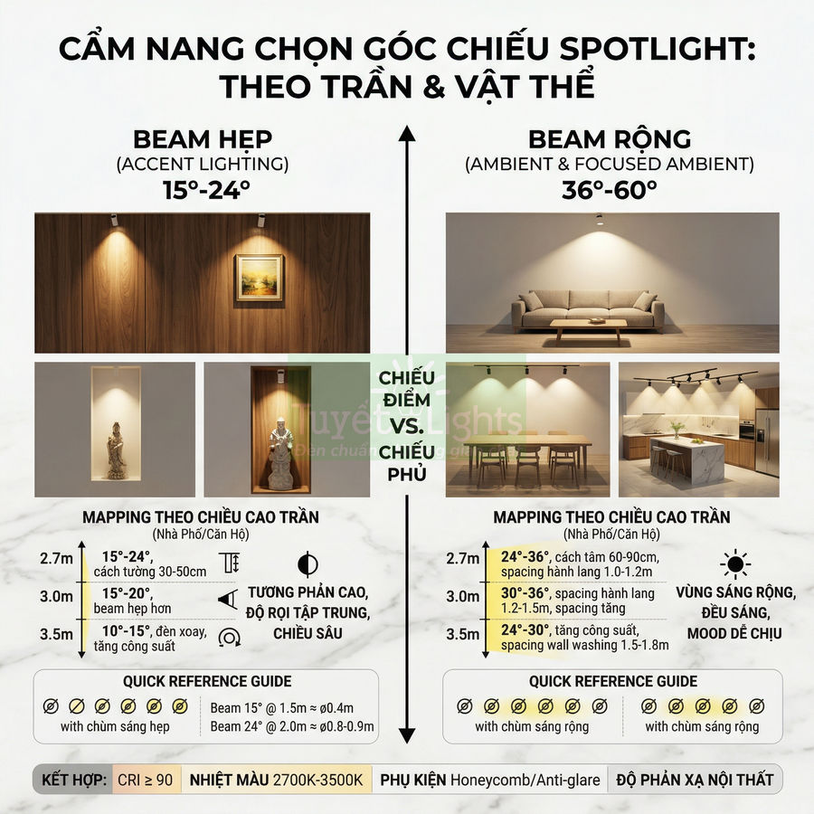 Cẩm nang chọn góc chiếu đèn spotlight beam hẹp và beam rộng cho trần nhà và vật thể trong nội thất