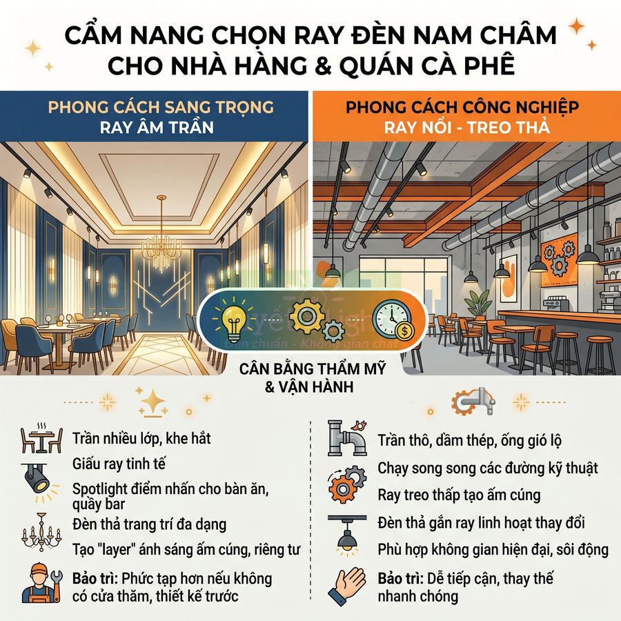 Cẩm nang chọn ray đèn nam châm cho nhà hàng quán cà phê với phong cách sang trọng và công nghiệp