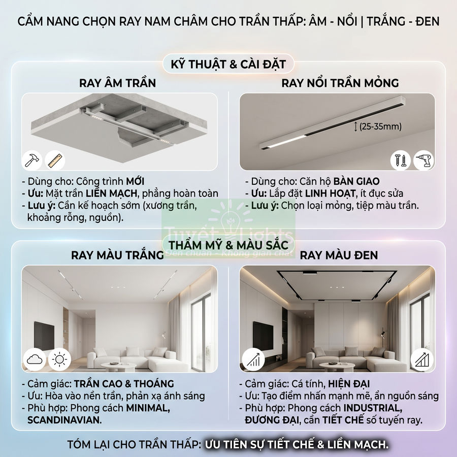 Cẩm nang chọn ray nam châm cho trần thấp với mẫu ray âm trần, ray nổi trần mỏng màu trắng và đen