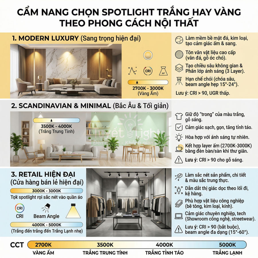 Cẩm nang chọn đèn spotlight trắng vàng cho nội thất hiện đại, Scandinavian tối giản và cửa hàng bán lẻ hiện đại