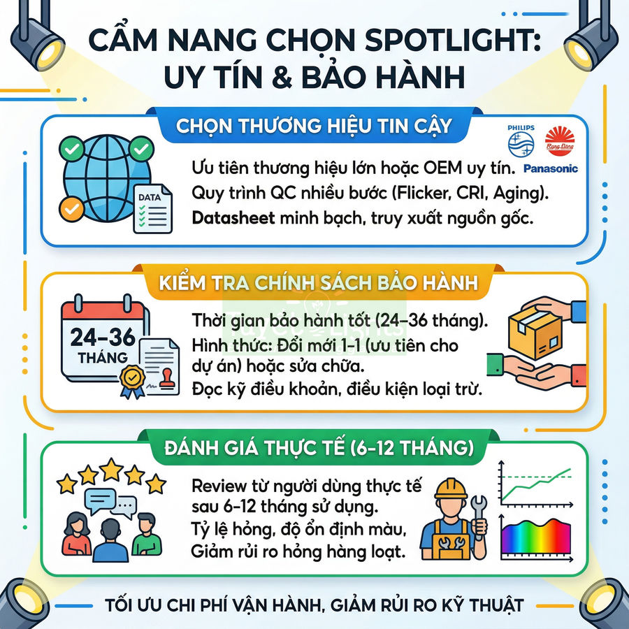 Cẩm nang chọn đèn spotlight uy tín và bảo hành, hướng dẫn chọn thương hiệu, chính sách bảo hành và đánh giá thực tế
