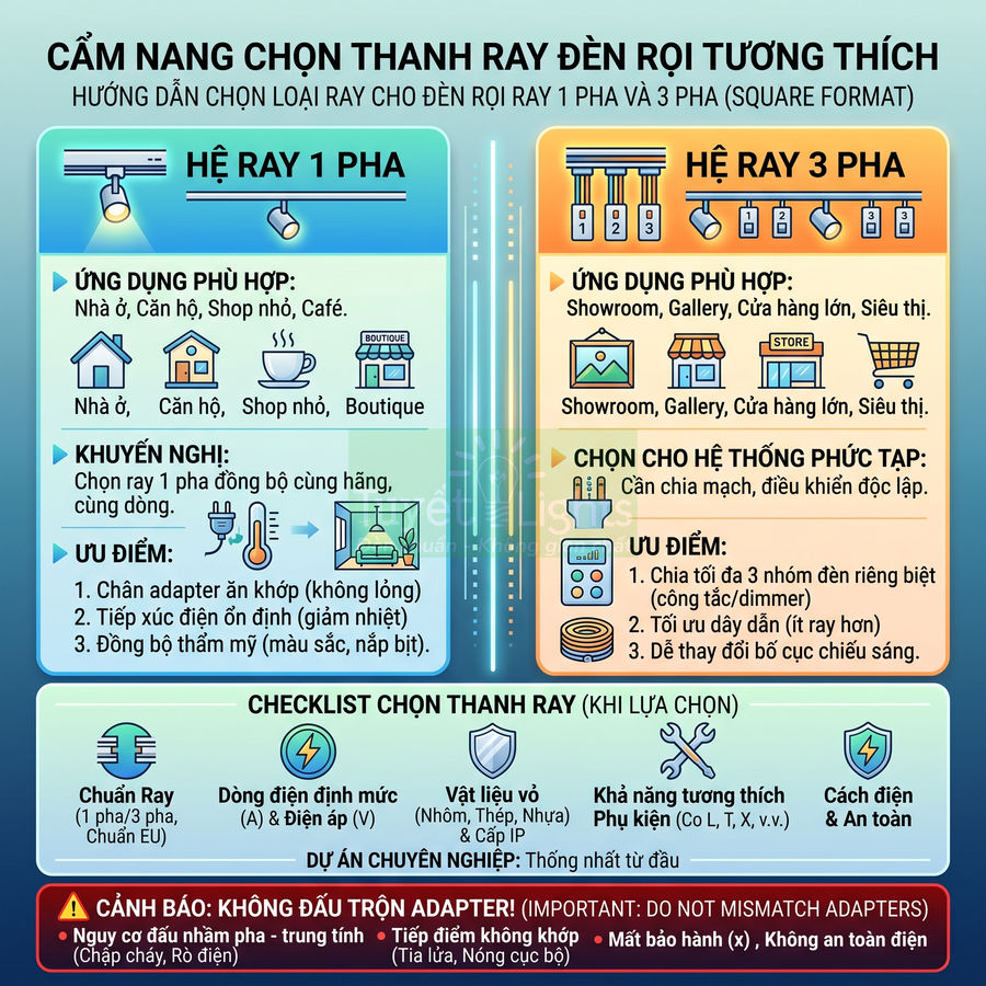 Cẩm nang so sánh thanh ray đèn rọi 1 pha và 3 pha, ứng dụng, ưu điểm và checklist chọn thanh ray an toàn