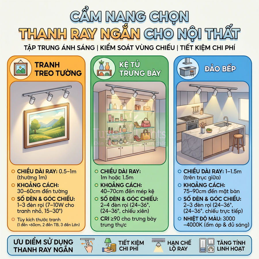 Thanh ray đèn rọi ngắn chiếu sáng tranh treo tường, kệ tủ trưng bày và đảo bếp trong không gian nội thất