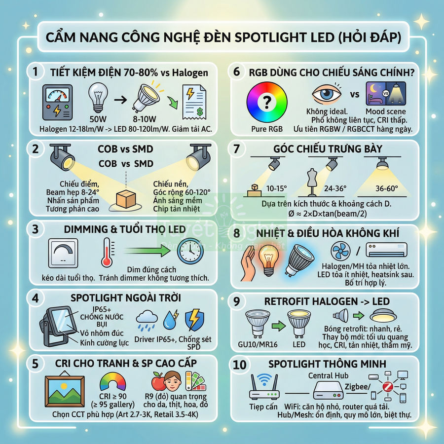 Cẩm nang công nghệ đèn spotlight LED so sánh halogen, COB, SMD, dimming, CRI, góc chiếu và spotlight thông minh