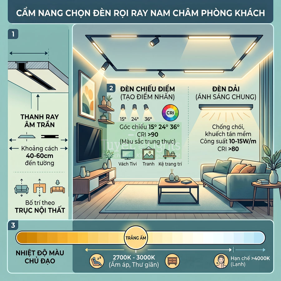 Cẩm nang chọn đèn rọi ray nam châm âm trần cho phòng khách với đèn chiếu điểm và đèn dài ánh sáng trắng ấm