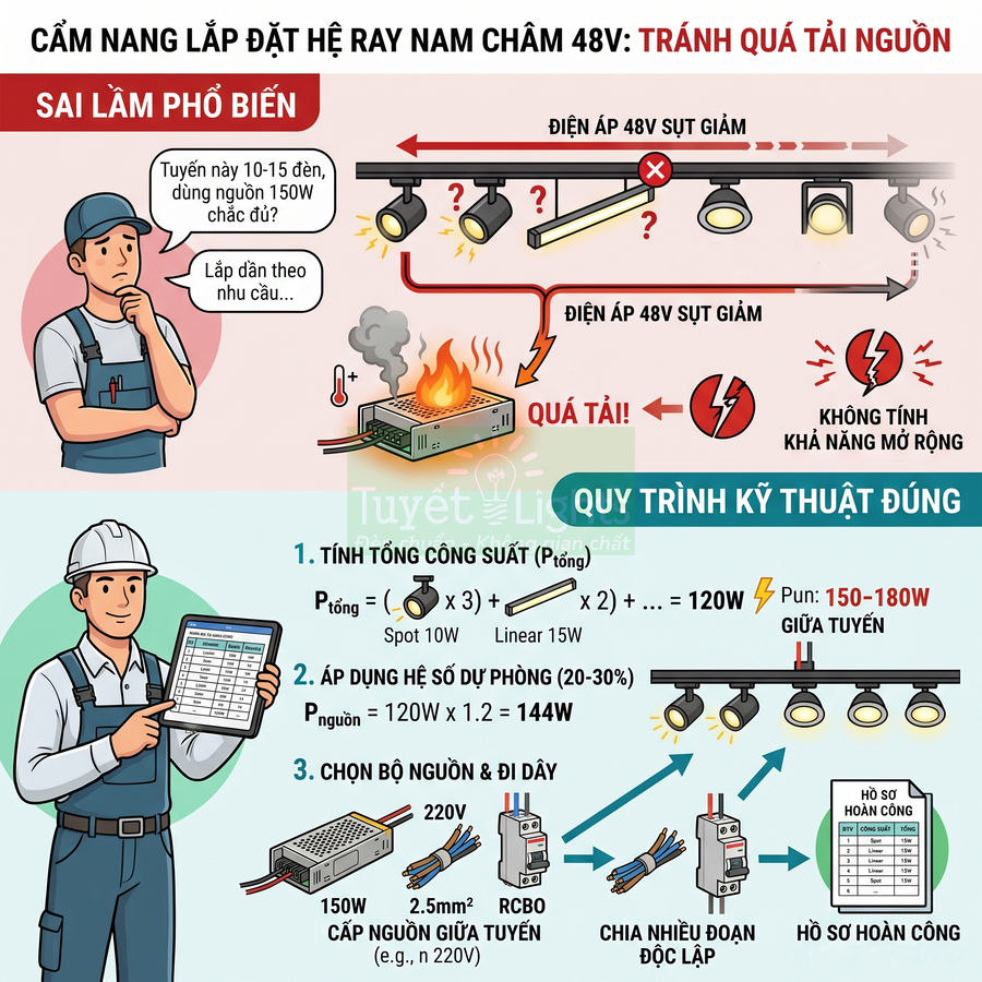 Cẩm nang lắp đặt hệ ray nam châm 48V tránh quá tải nguồn cho đèn chiếu sáng ray trượt