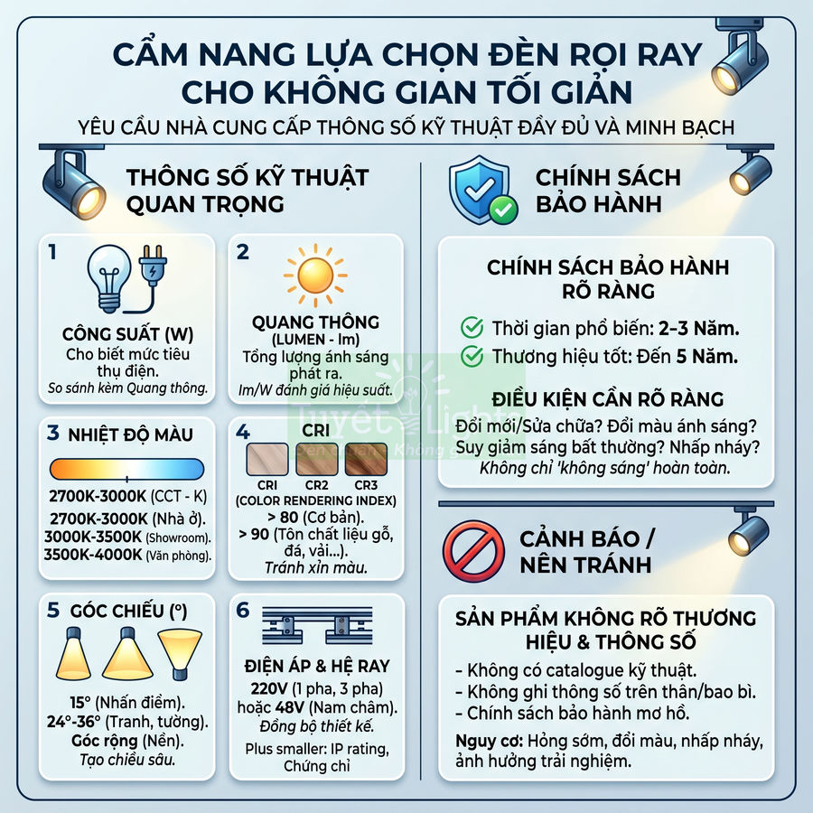 Cẩm nang lựa chọn đèn rọi ray cho không gian tối giản với thông số kỹ thuật, bảo hành và cảnh báo sản phẩm