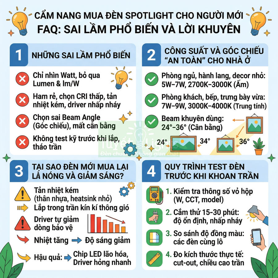 Cẩm nang chọn mua đèn spotlight cho người mới với hướng dẫn công suất, góc chiếu và cách test đèn trước khi lắp