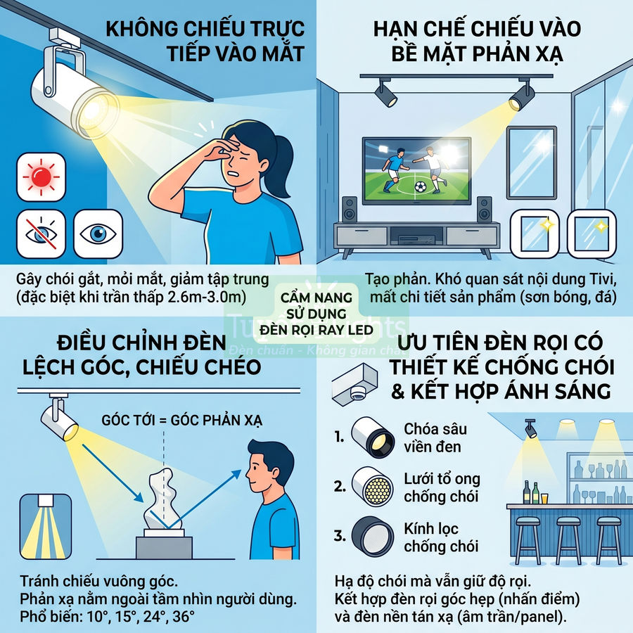 Infographic hướng dẫn sử dụng đèn rọi ray LED chống chói, điều chỉnh góc chiếu và hạn chế phản xạ trong nhà