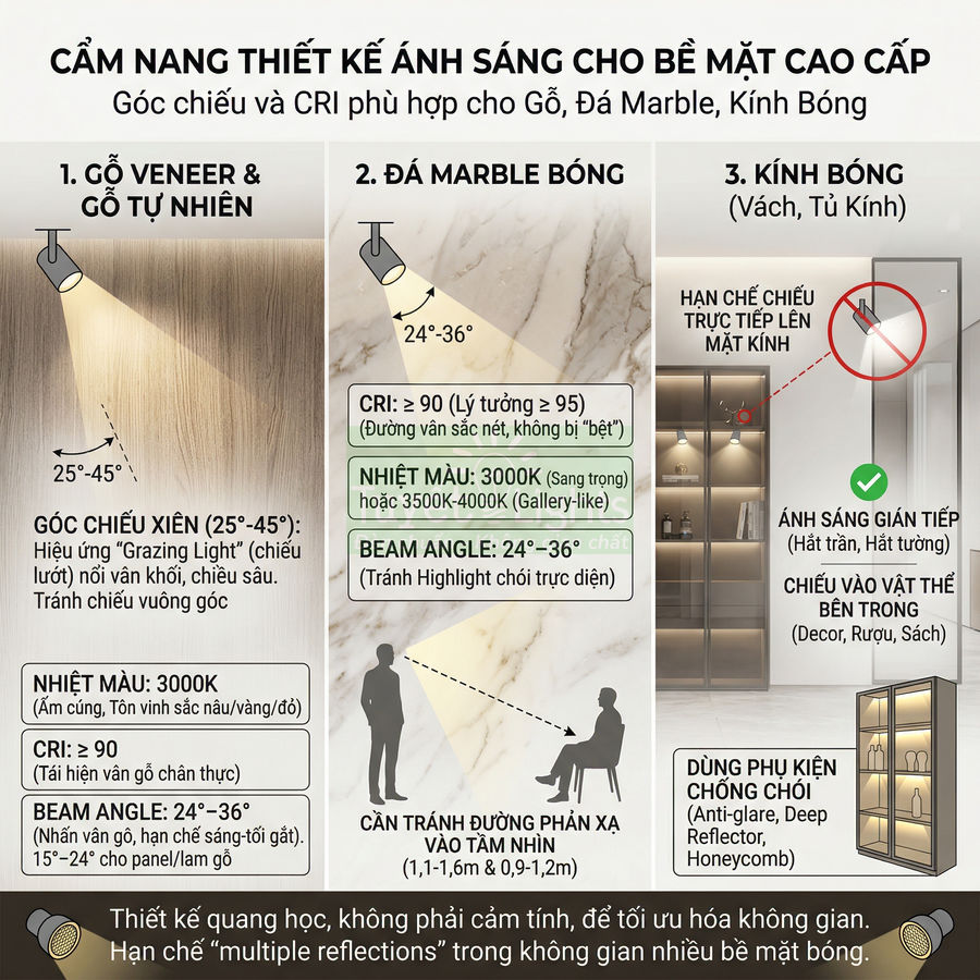 Cẩm nang thiết kế ánh sáng cho bề mặt gỗ, đá marble bóng và kính bóng trong nội thất cao cấp