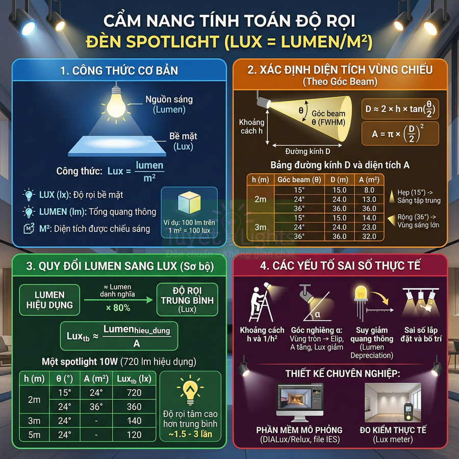 Cẩm nang tính toán độ rọi đèn spotlight, công thức lux lumen, bảng quy đổi lumen sang lux và các yếu tố sai số