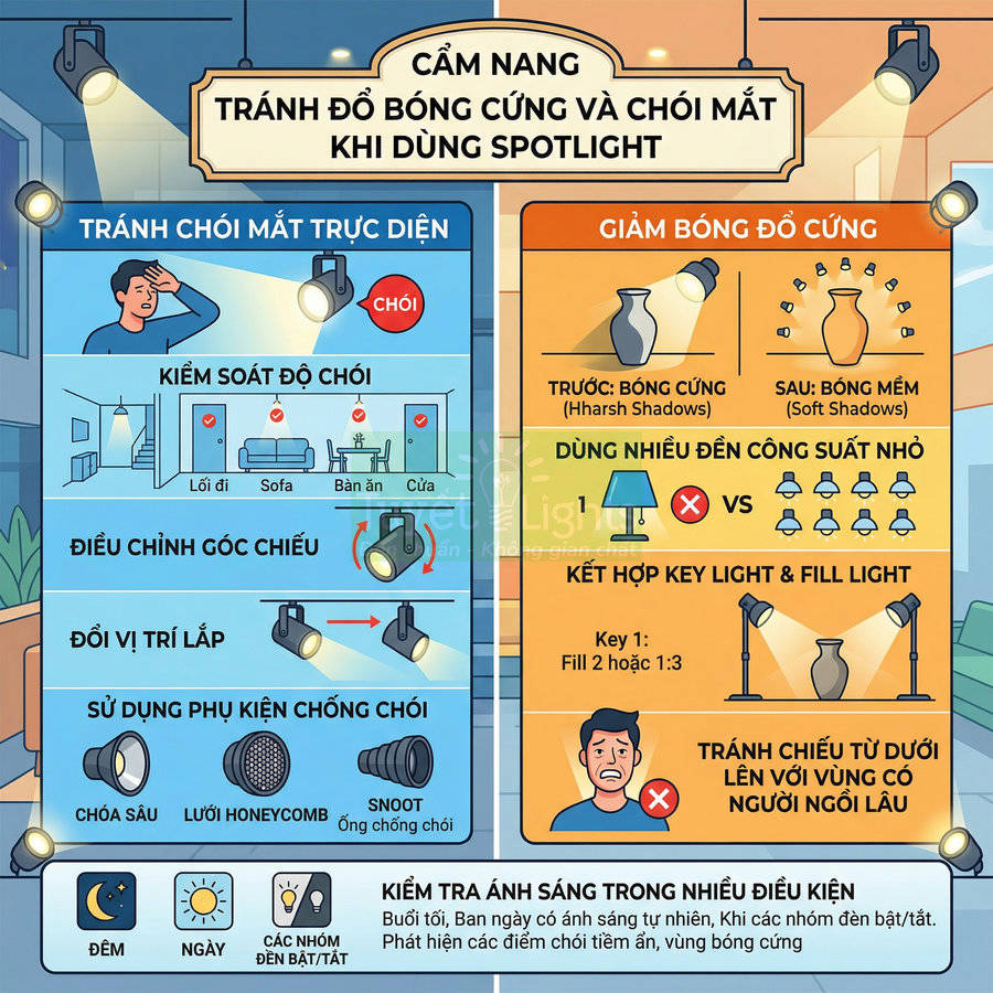 Infographic hướng dẫn dùng đèn spotlight tránh chói mắt và bóng đổ cứng trong phòng khách và phòng làm việc