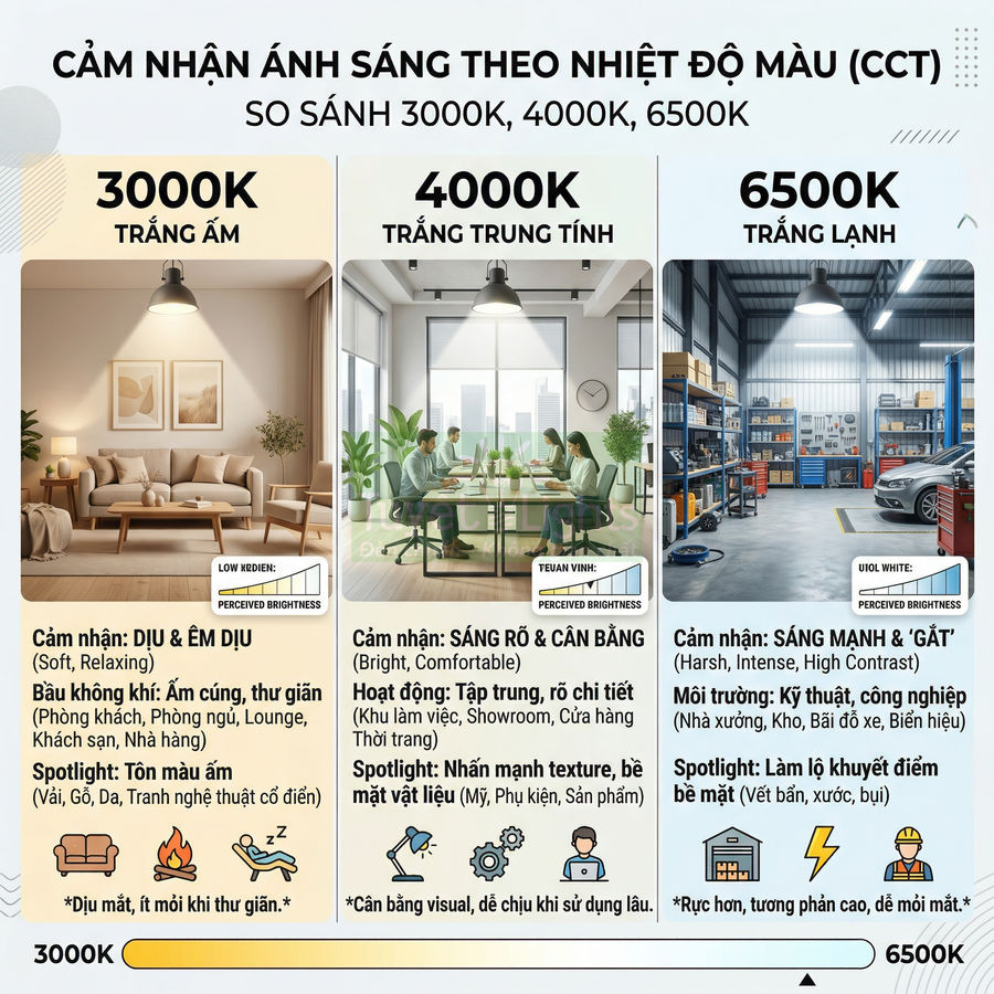 So sánh ánh sáng 3000K 4000K 6500K trong phòng khách văn phòng và nhà xưởng với các mức độ sáng khác nhau