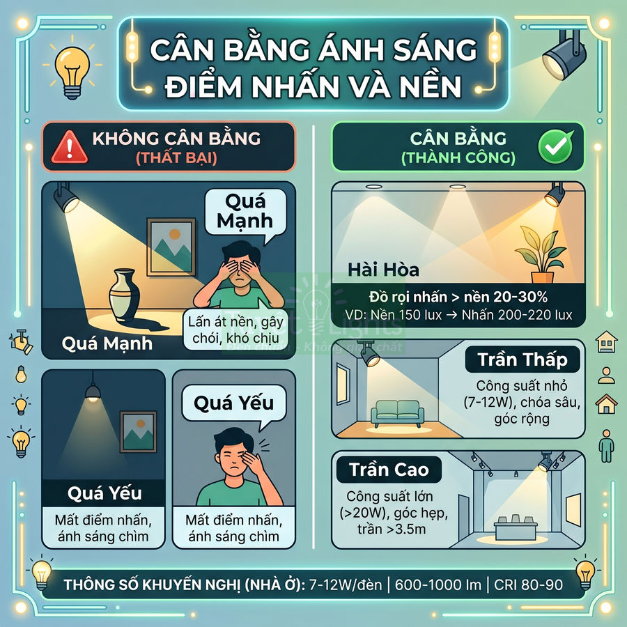 Infographic hướng dẫn cân bằng ánh sáng điểm nhấn và ánh sáng nền cho phòng khách gia đình