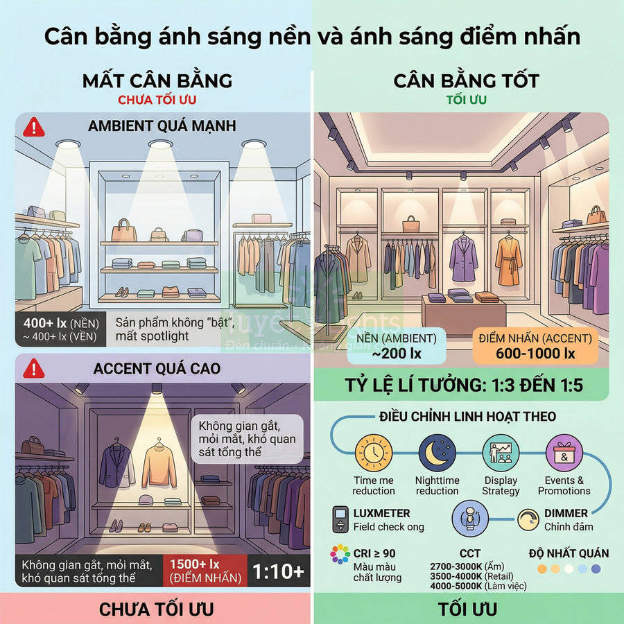 Minh họa cửa hàng quần áo với so sánh cách bố trí ánh sáng nền và ánh sáng điểm nhấn tối ưu cho trưng bày sản phẩm