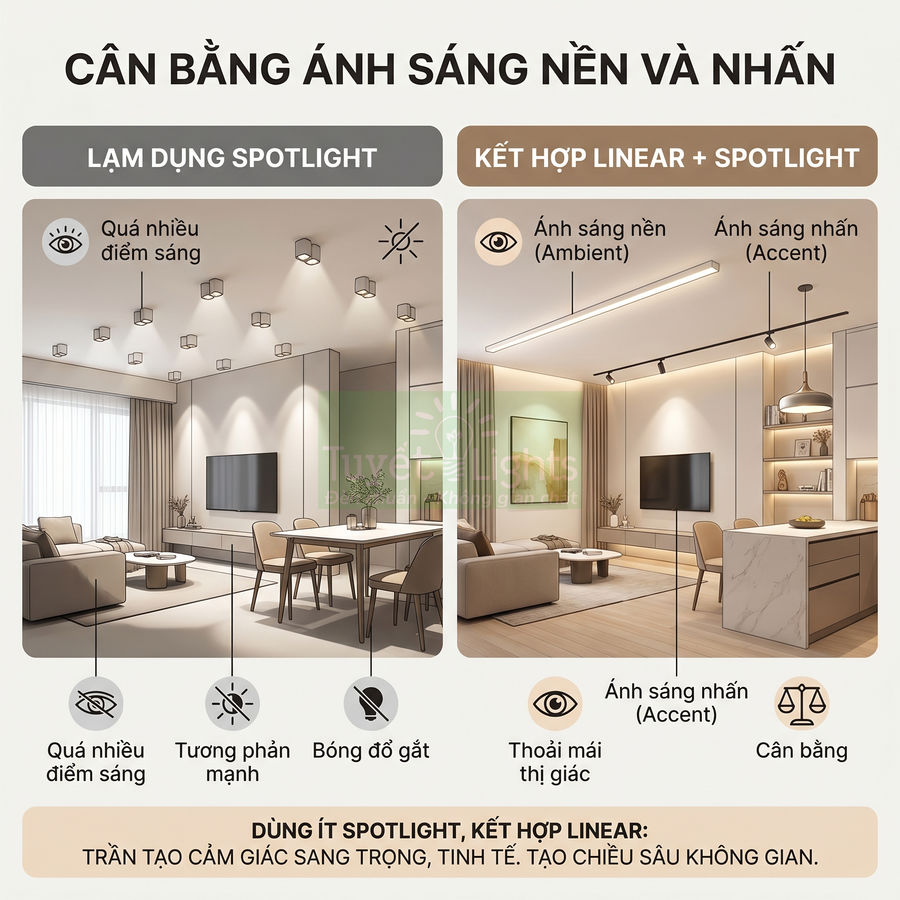 So sánh phòng khách dùng nhiều đèn spotlight với thiết kế kết hợp đèn linear và spotlight tạo ánh sáng cân bằng