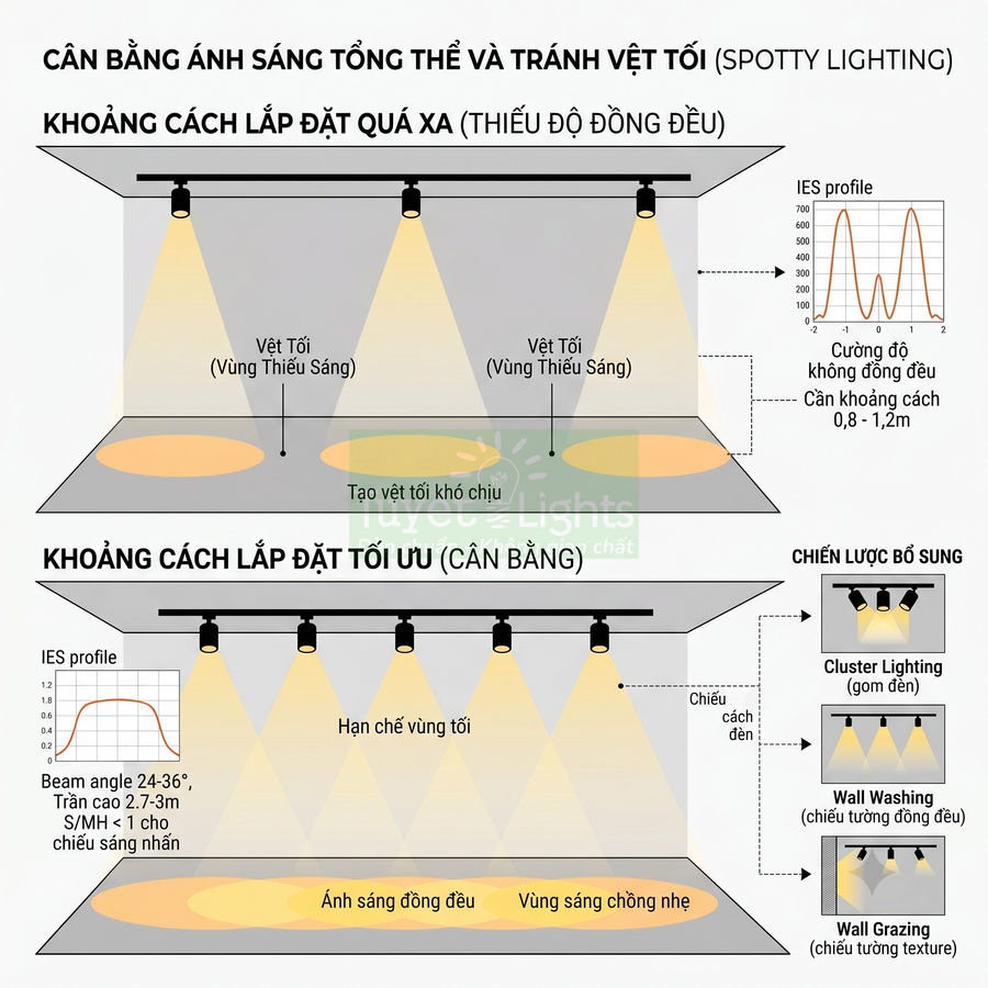 Sơ đồ hướng dẫn lắp đặt đèn rọi ray để cân bằng ánh sáng và tránh vệt tối trong không gian nội thất