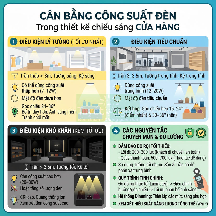 Infographic hướng dẫn lựa chọn công suất đèn LED để thiết kế chiếu sáng tối ưu cho cửa hàng