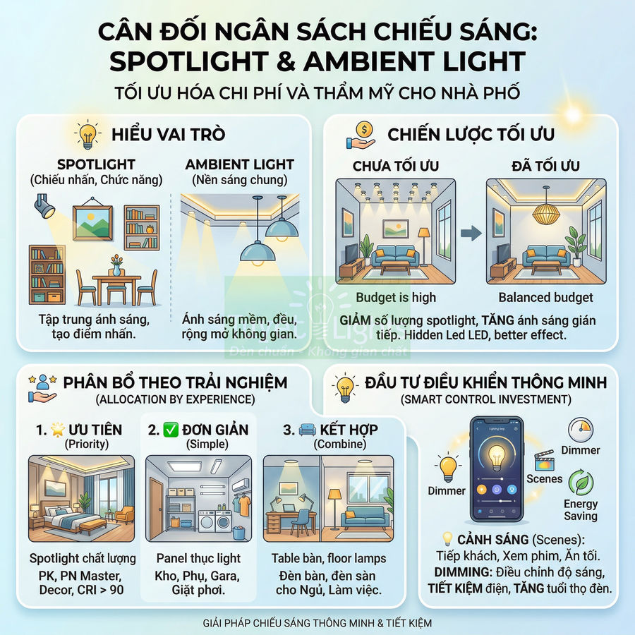 Infographic hướng dẫn tối ưu ngân sách chiếu sáng nhà phố với spotlight, ambient light và điều khiển đèn thông minh