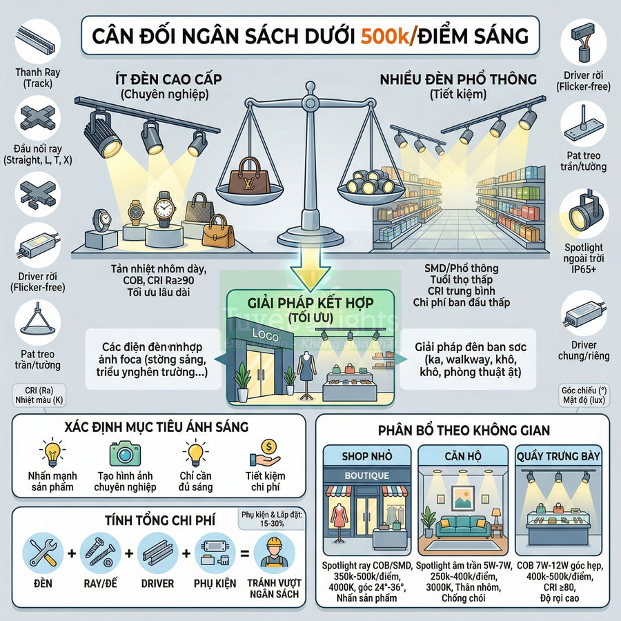 Infographic so sánh giải pháp đèn LED chiếu sáng cửa hàng, cân đối ngân sách dưới 500k mỗi điểm sáng