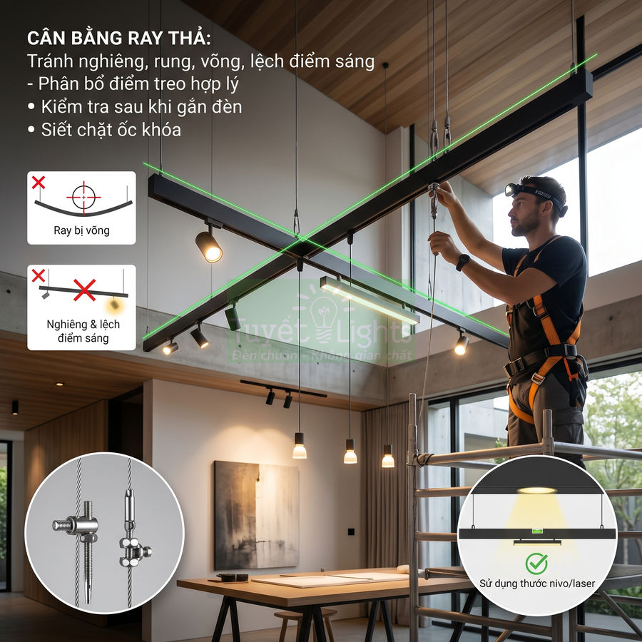 Thợ lắp đặt đèn ray thả trần hiện đại bằng dây cáp, cân chỉnh thẳng bằng thước laser trong phòng khách