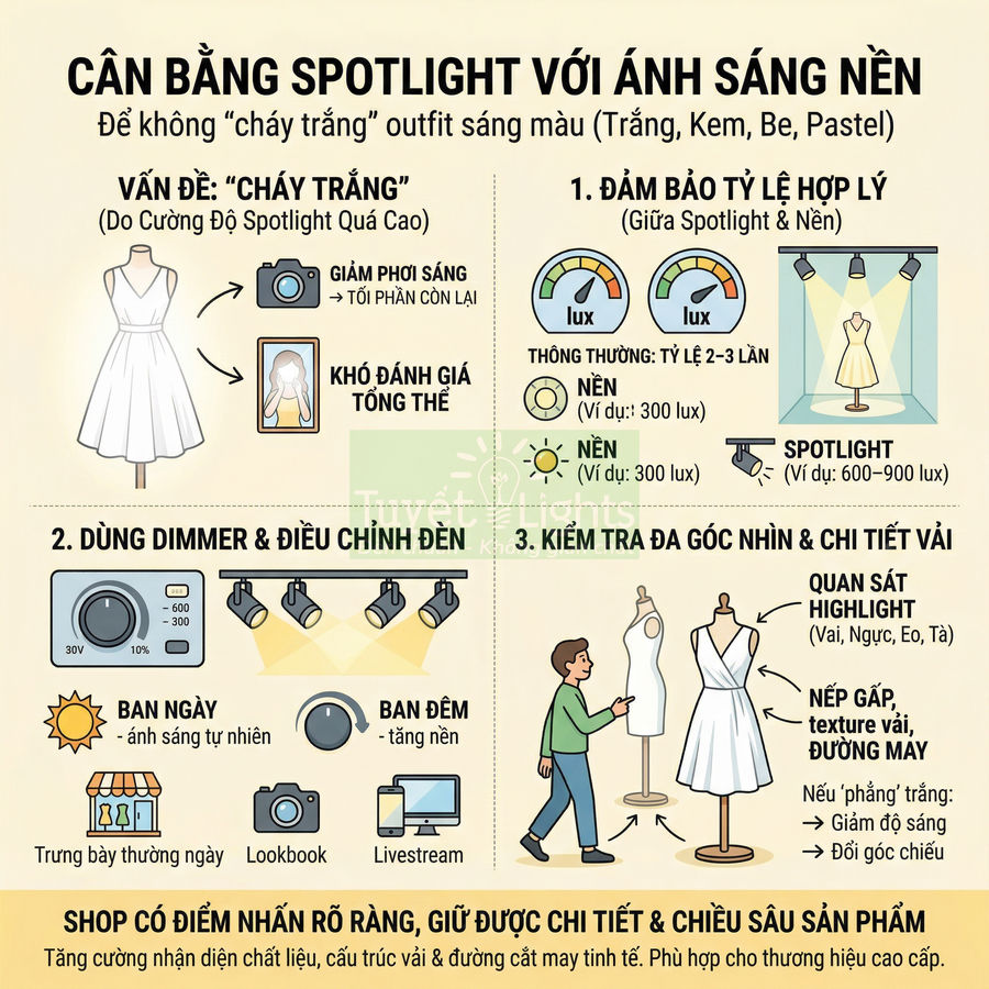Hướng dẫn cân bằng spotlight và ánh sáng nền để chụp váy trắng trong shop thời trang giữ chi tiết và chất liệu vải