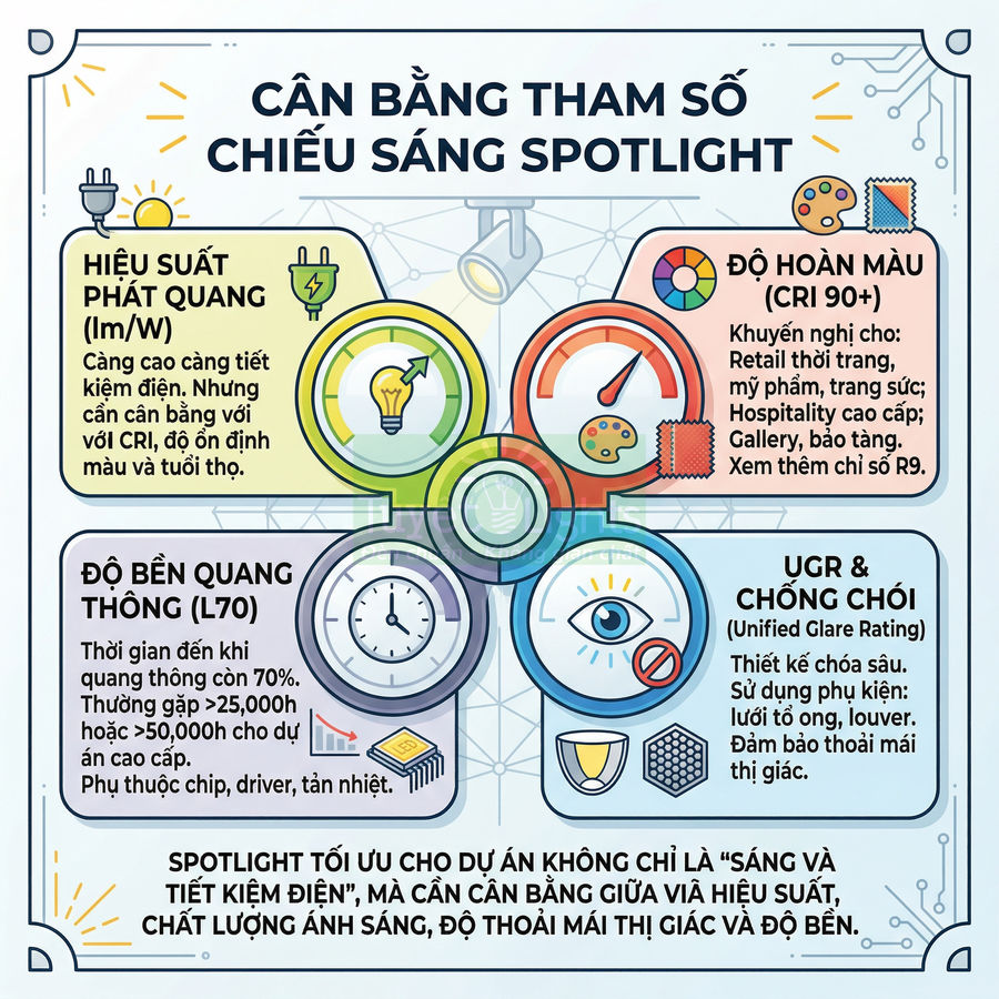 Infographic các tham số cần cân bằng khi chọn đèn spotlight LED: hiệu suất, độ hoàn màu, độ bền và chống chói