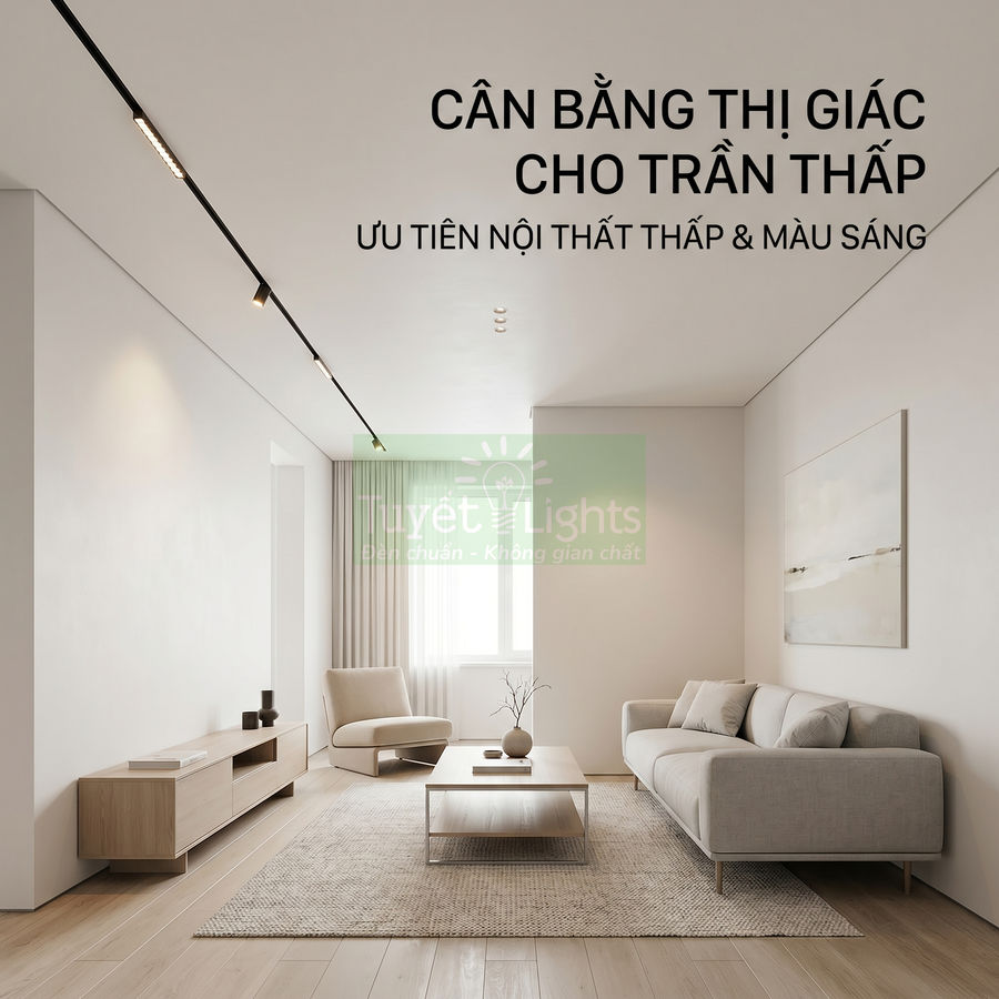 Phòng khách trần thấp tối giản với sofa sáng màu, bàn gỗ và đèn rọi ray âm trần hiện đại