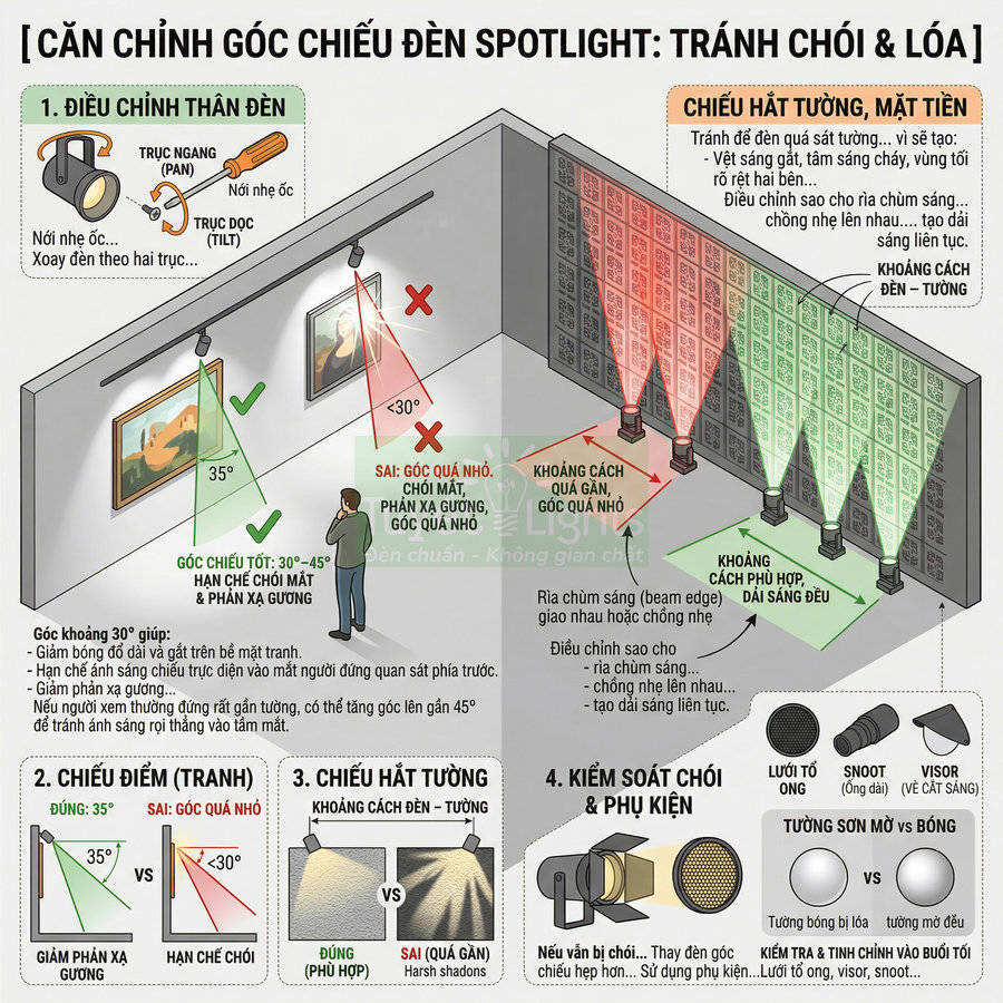 Hướng dẫn điều chỉnh góc chiếu đèn spotlight chiếu tranh và tường để tránh chói lóa và phân bổ ánh sáng đều
