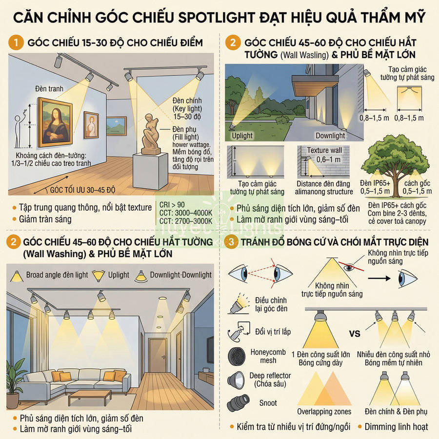 Hướng dẫn điều chỉnh góc chiếu đèn spotlight trong nhà để chiếu điểm, hắt tường và tránh chói mắt